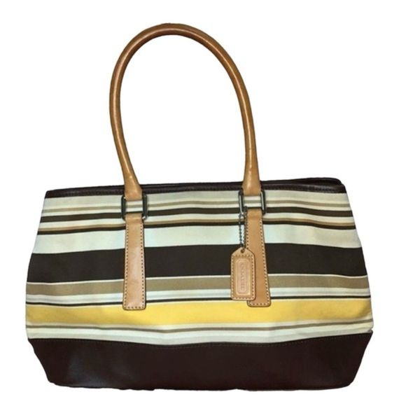 Vintage Rare Coach Leather Canvas Striped Brown Yellow & Tan Satchel Bag - Picture 1 of 14